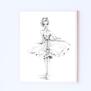 This sweet girl is all dressed up with no where to go. The will be dancing where no one is watching tonight. A fine art Giclee or poster print of my original fashion illustration. Minimalist pencil sketch.