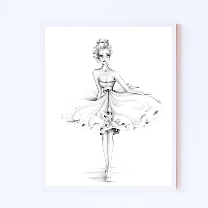 This sweet girl is all dressed up with no where to go. The will be dancing where no one is watching tonight. A fine art Giclee or poster print of my original fashion illustration. Minimalist pencil sketch.