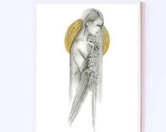 Original fine art print of my original pencil drawing, painting of an angel. A grey and gold girl with wings melancholy wall art home decor