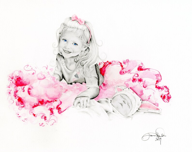 This was a family portrait commissioned as remembrance gift for their home.  All of my portraits are hand drawn and painted from your photo. A one of a kind Christmas gift by star seller.
