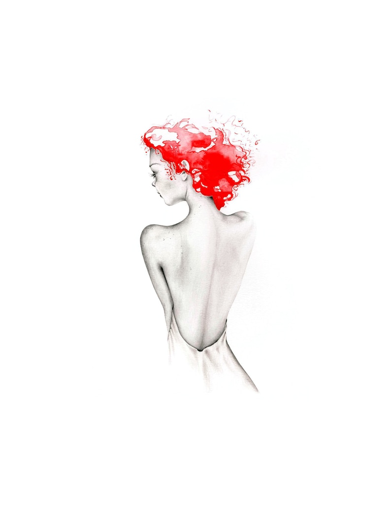 Modern minimalist watercolor painting of a redhead. My original unique hand drawn abstract red wall art for her and your home. image 4