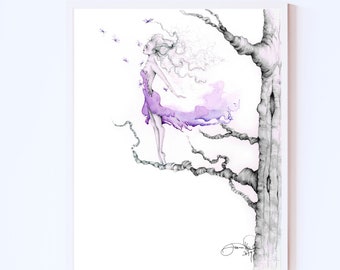 Fantasy art print, nature inspired gift. Purple watercolor painting of a girl Women in a tree Beautiful nature art home decor for her