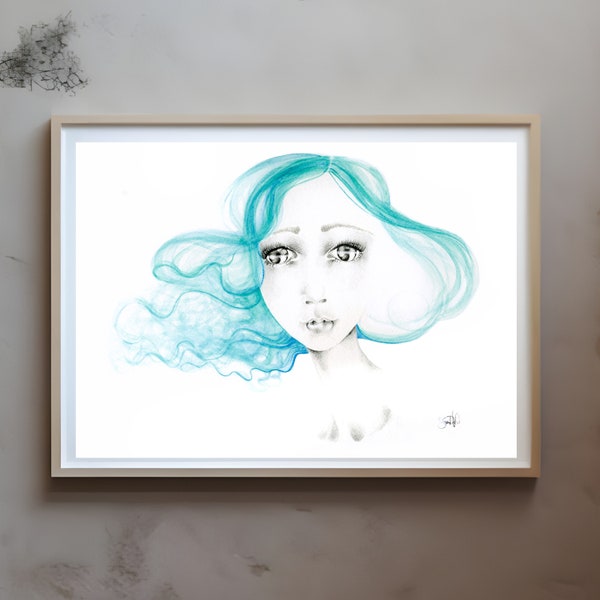 Teal blue green minimalist watercolor painting of a girl with Big Eyes. Giclee print of abstract summer beach house. Hair salon wall decor.