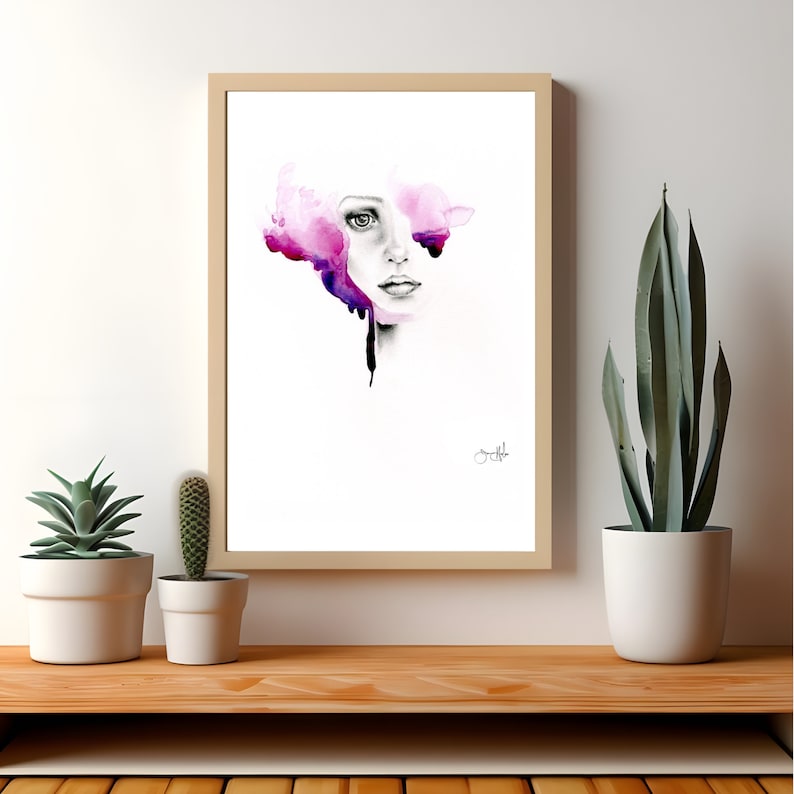 Watercolor painting, minimalist abstract fashion Illustration beauty Salon decor Purple art for hair salon, vanity, spa or boudoir for women image 3