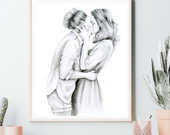 Custom custom couples portrait Valentines Day gift. Wedding anniversary engagement personalized couples art pencil drawing home wall decor