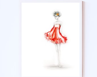 Red fashion illustration Giclee print of my original art. A gift for girls, minimalist red dress home & living decor African American girl.