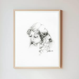 One of a kind minimalist black & white graphite pencil drawing of a girl. Women sketch illustration original wall art. Beautiful home decor.