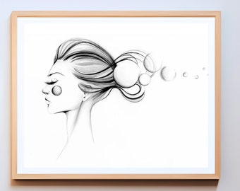 Modern minimalist pencil drawing illustration of a girl women in art. Original unique wall art, gift for her home Black and white home decor