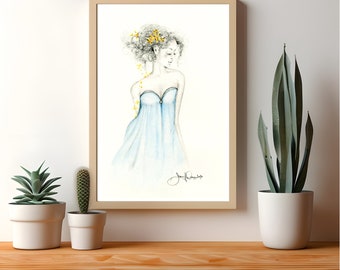 Original Fashion Illustration Fashion Wall Art Watercolor Painting of Girl One of a Kind OOAK Girl Wall Art Blue Home Décor African American