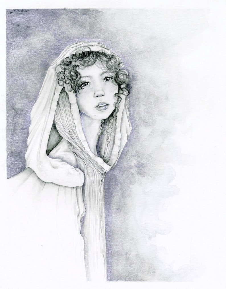 A black and white beautiful art print of a women girl. Intrigue, and wonder for your home decor. A unique silver fine art Giclee print. image 5