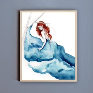 Original Minimalist Painting OOAK Abstract Watercolor Painting Girl Women with red hair Fine Originals Art Blue abstract girl in blue dress.