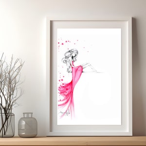 An original pink  fashion illustration print. Original work of art is sold. Now available in many sizes to fill any beautiful space in your home. Pretty in pink minimalist girl with sadness, an interesting piece making for a very unique gift for her.