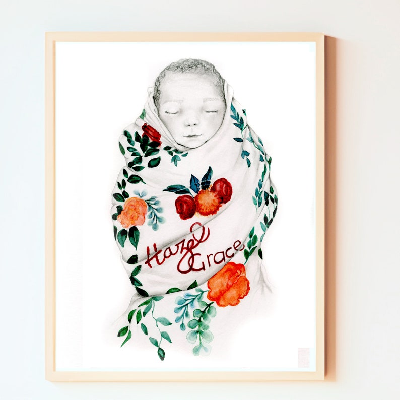 Mothers day gift angel born sleeping and her portrait. A custom stillborn drawing created as visioned by mom. She provided one photo of her baby, and a separate photo of her swaddle that she never had the opportunity to wear. Personalized memorial.