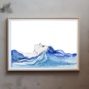 Summer Art Women Art Blue Watercolor Painting Print Tropical Beach Wall Art Blue Hair Ocean Large Painting Print Sea Abstract Woman Decor