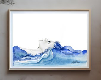 Summer Art Women Art Blue Watercolor Painting Print Tropical Beach Wall Art Blue Hair Ocean Large Painting Print Sea Abstract Woman Decor