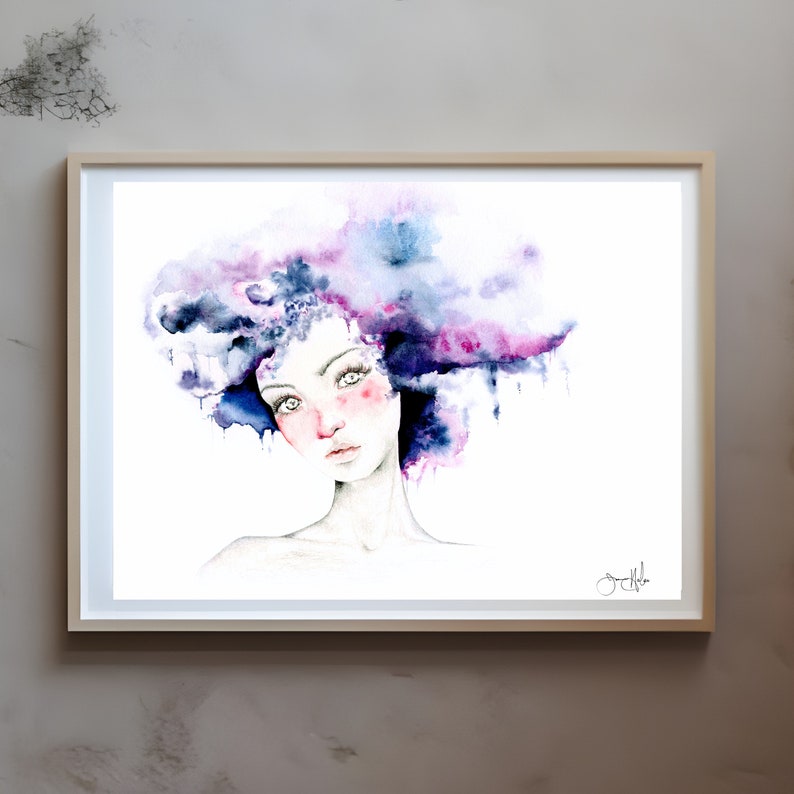 A print, reproduction of my original hand drawn fantasy painting of a girl Adorned with purple hair, for an abstract flair. Will make for a unique interesting art for your home wall decor. Seen in beauty and hair salons, perfect for that unique punch