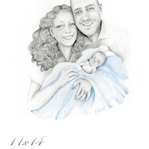 A family portrait. A precious moment that mom and dad never had the privilege to have. They gave me a photo of mom and dad, and one of their sweet stillborn angel. This is the result. My portraits are completely personalized