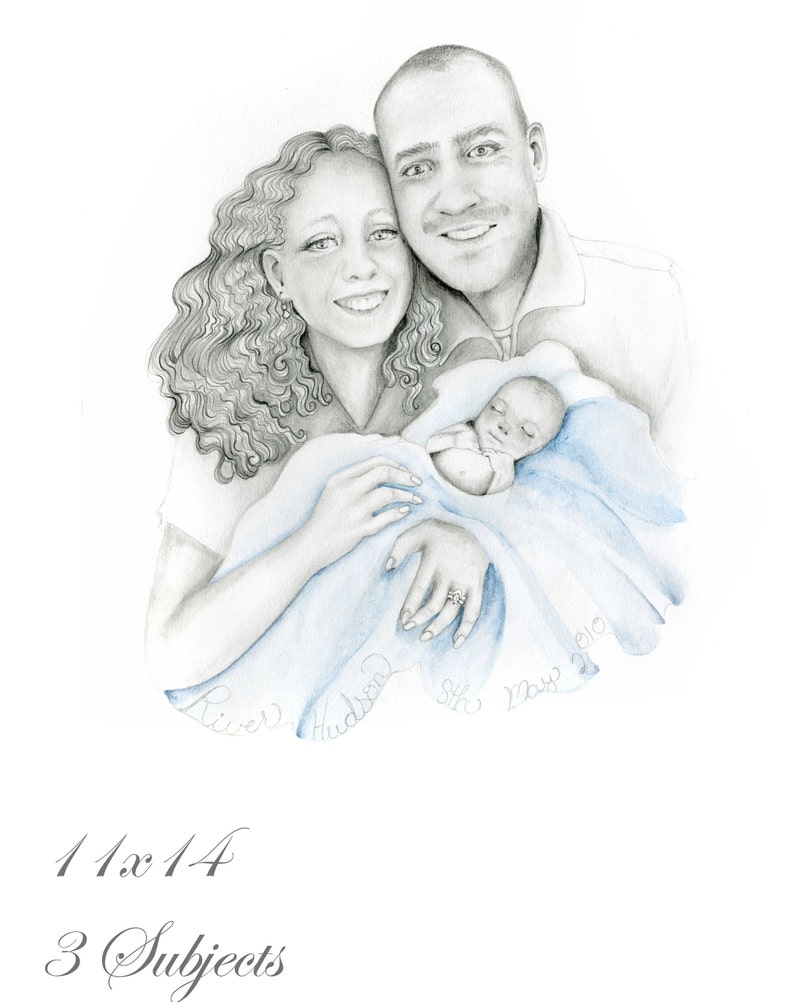 A family portrait. A precious moment that mom and dad never had the privilege to have. They gave me a photo of mom and dad, and one of their sweet stillborn angel. This is the result. My portraits are completely personalized