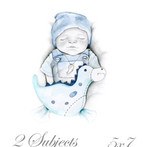 May include: Watercolor painting of a sleeping baby wearing a blue hat and overalls, clutching a blue dinosaur stuffed animal. The artwork is labeled "2 Subjects" and "5x7". The baby has a necklace with a pendant.