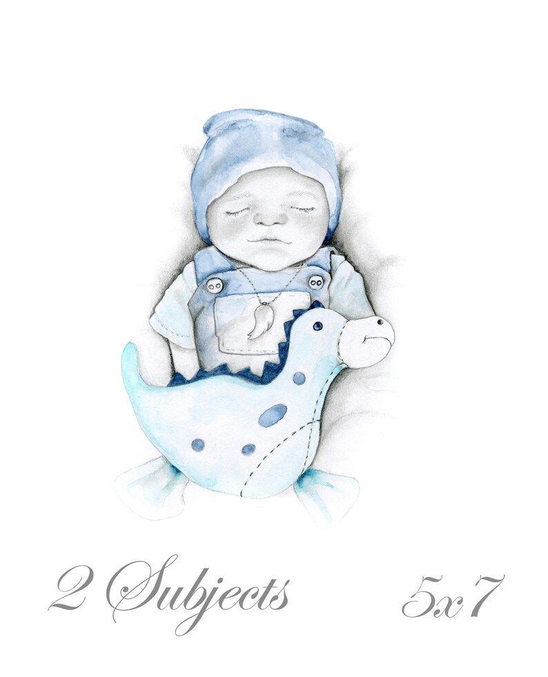 May include: Watercolor painting of a sleeping baby wearing a blue hat and overalls, clutching a blue dinosaur stuffed animal. The artwork is labeled "2 Subjects" and "5x7". The baby has a necklace with a pendant.
