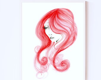 Original red minimalist abstract watercolor painting print  Redhead girl, beauty salon wall decor. Wall art gift for spa vanity or boudoir.