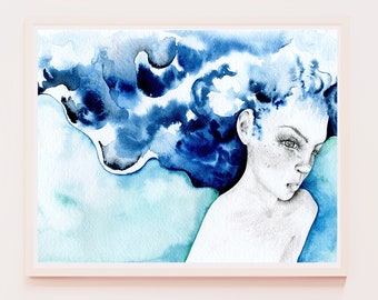 Summer Art Women Art Blue Watercolor Painting Print Tropical Beach Wall Art Blue Hair Ocean Large Painting Print Sea Abstract Woman Decor