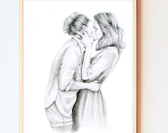 Custom custom couples portrait Valentines Day gift. Wedding anniversary engagement personalized couples art pencil drawing home wall decor