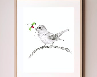 A bird nature inspired wall art print gifts Giclee inspired by nature bird finch Minimalist black & white woodland nature lovers home decor.