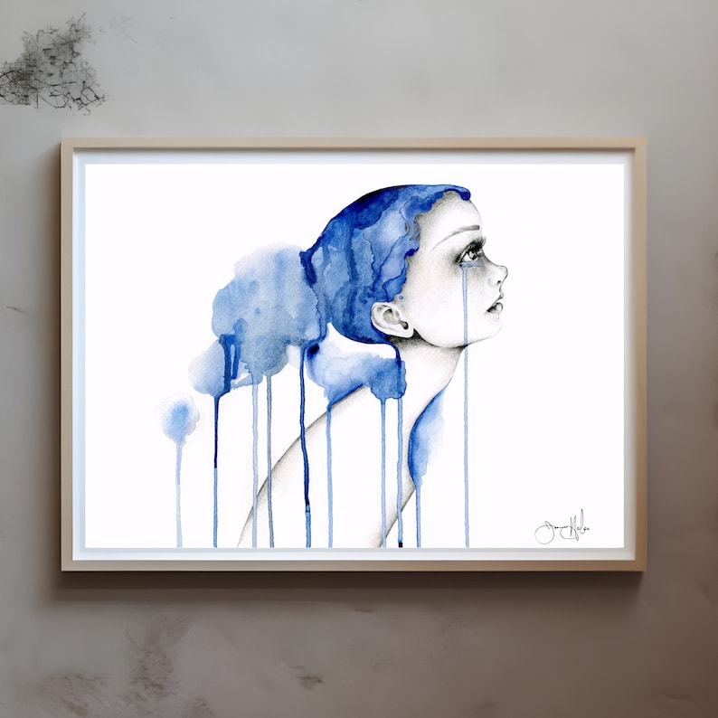 Abstract watercolor painting. An enlargement example displayed, as a poster print. Blue tears, crying unabashedly. My Suffering, bringing mental health, depression awareness. A unique and interesting artwork giving a wow factor to any wall space