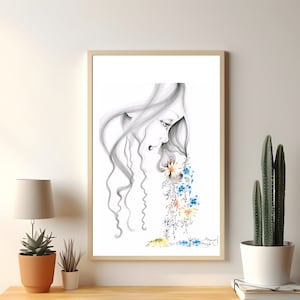 A beautiful Giclee, poster art print of a woman, girl. Flowers falling from her eyes. Very detailed work of art, yet minimalist feel will add fantasy to any wall space in your home.