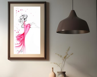 Watercolor painting pink dress fashion art illustration abstract minimalist print sad girl Beauty decor Feminine spa, vanity boudoir gift.