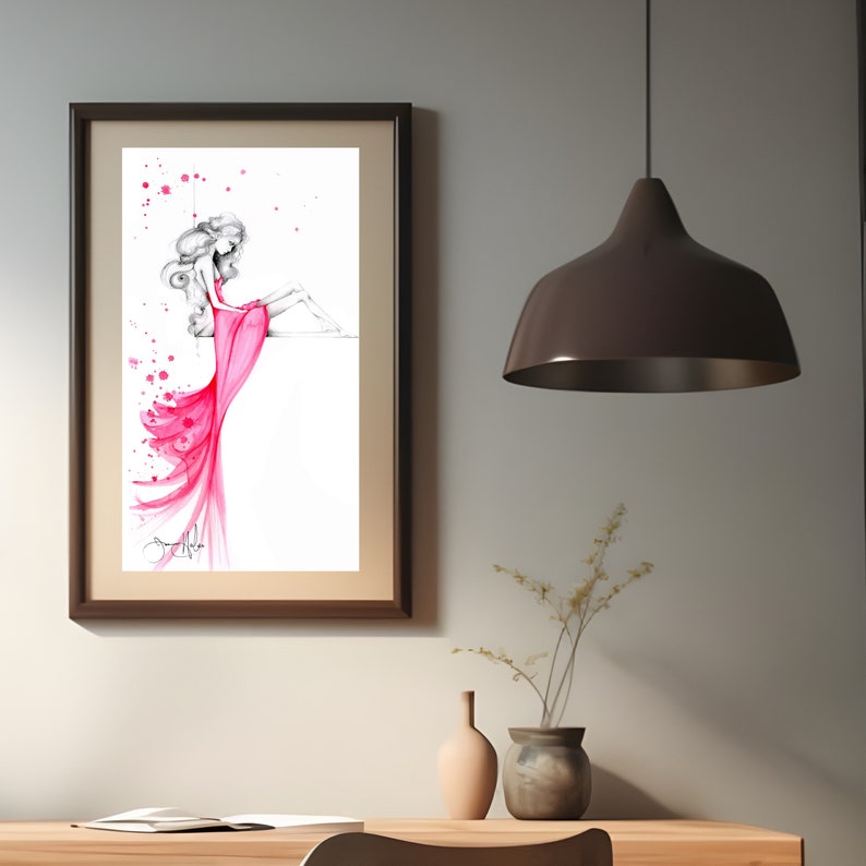 This is a reproduction of my original pink fashion illustration. Called "don't let me fall". The original is sold, but now available in print, both Giclee and poster paper for enlargements to fit any wall in your home.