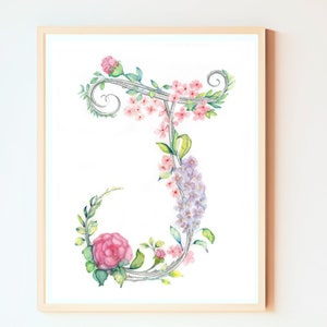 Monograma, letra, inicial. Presente original e personalizado, desenhado à mão, para o Dia das Mães. Arte de parede com flores, ilustração floral, decoração para casa.