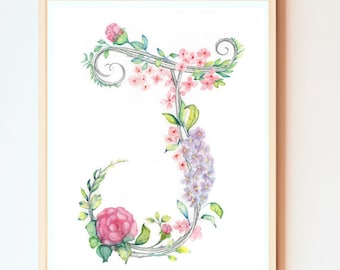 Hand Drawn Floral Monogram Print: Personalized Watercolor Letter Art