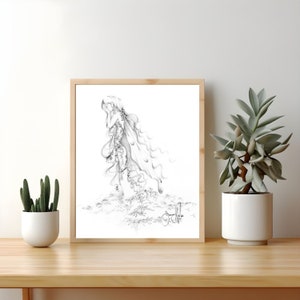 A fairy drawing illustration, reproduction of my original minimalist pencil drawing. Now in Giclee and poster print paper. A beautiful modern minimalist fairy, unique and highly detailed. Will bring fantasy to any wall home decor.