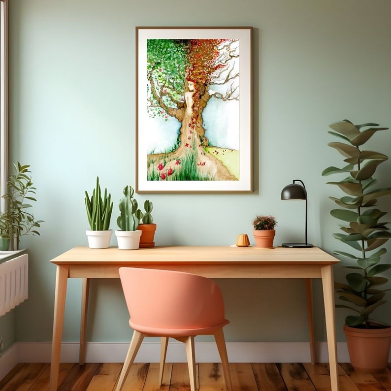 This is nature inspired enlargement example displayed, a fine art Giclee print. I offer many sizes for this woodland piece, a girl, woman in a tree representing all four seasons. Unique and interesting giving a wow factor for nature lovers.