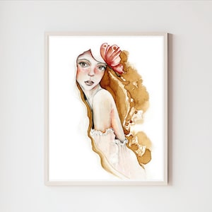 A woodland girl, fantasy original work of art. My pencil drawing illustration. Fashion illustration. Brown & gold one of a kind art 11 x 15&quot;
