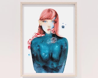 Impresión artística de mujer abstracta azul: retrato de pelirroja, regalo de decoración para el hogar