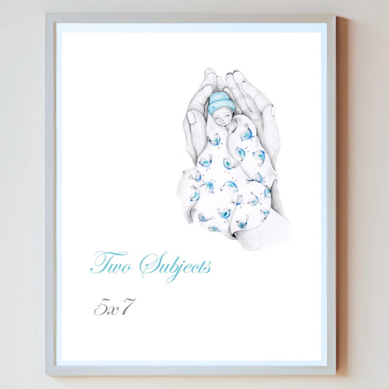May include: A framed print featuring a watercolor illustration of a baby cradled in hands. The baby wears a blue hat and is wrapped in a blanket with a blue bird pattern. The text "Two Subjects" and "5x7" are in the image.