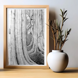 Woodland forest fairy Giclee  print from my original pencil drawing. A unique gift for girls. Black and white, fantasy art scene prints.