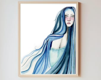 Impresión artística de acuarela de mujer azul: decoración minimalista moderna para el hogar.