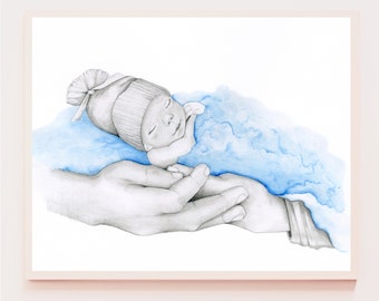 Stillborn baby  for dad, mom. Remembrance memorial for death of an infant, pregnancy loss miscarraige Hand drawn portrait art.