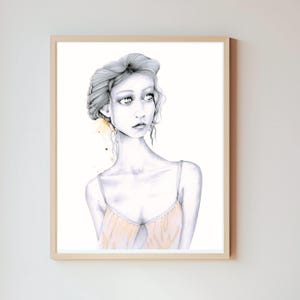 Minimalist pencil drawing of my original big eye girl illustration. One of a kind fine art Women fashion wall art gift for her home decor.