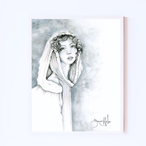 A black and white beautiful art print of a women girl. Intrigue, and wonder for your home decor. A unique silver fine art Giclee print.
