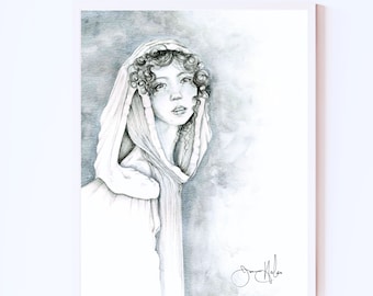 A black and white beautiful art print of a women girl. Intrigue, and wonder for your home decor. A unique silver fine art Giclee print.