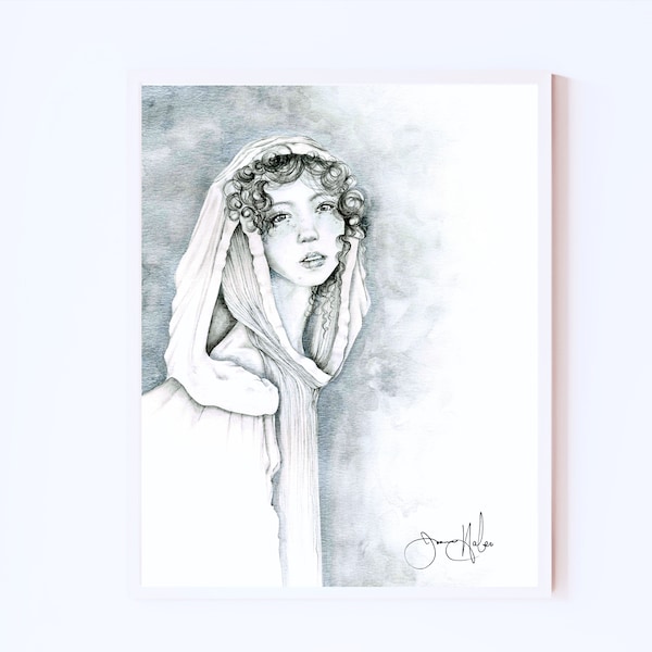 A black and white beautiful art print of a women girl. Intrigue, and wonder for your home decor. A unique silver fine art Giclee print.