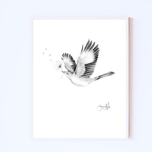 Original Art Inspirational Wall Art Fine Art, nature inspired original print bird drawing of a dove for hope love happiness wall home decor.