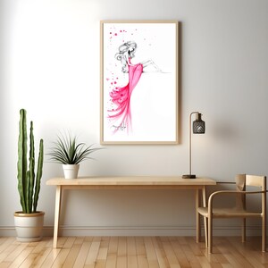 An original pink  fashion illustration print. Original work of art is sold. Now available in many sizes to fill any beautiful space in your home. Pretty in pink minimalist girl with sadness, an interesting piece making for a very unique gift for her.