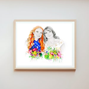 Mom and daughter celebrating mom's special wedding day. A custom hand drawn and painted portrait. All of my portraits are one of a kind and entirely personalized.