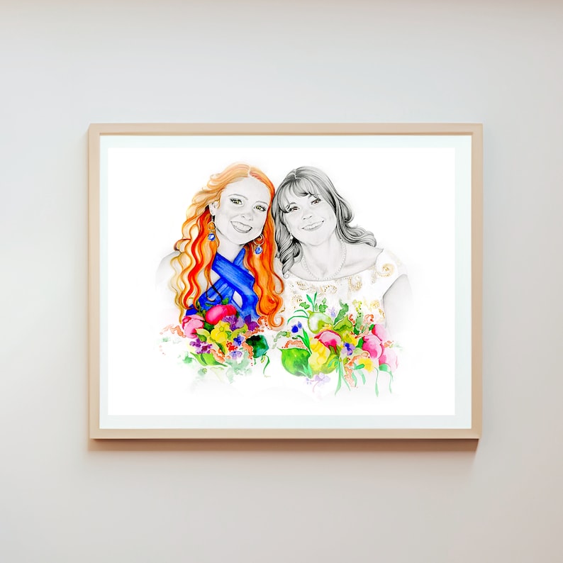 Mom and daughter celebrating mom's special wedding day. A custom hand drawn and painted portrait. All of my portraits are one of a kind and entirely personalized.